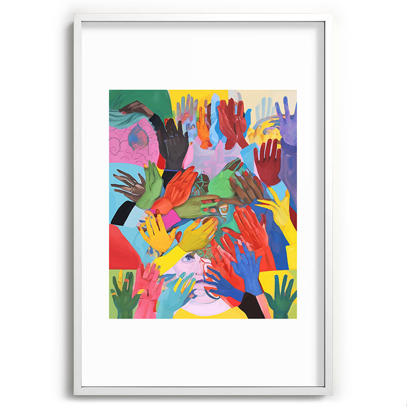 A Hand Is All We Need, Abstract Human Face Community, Humanity People Colorful Concept Positivity Framed Art Print