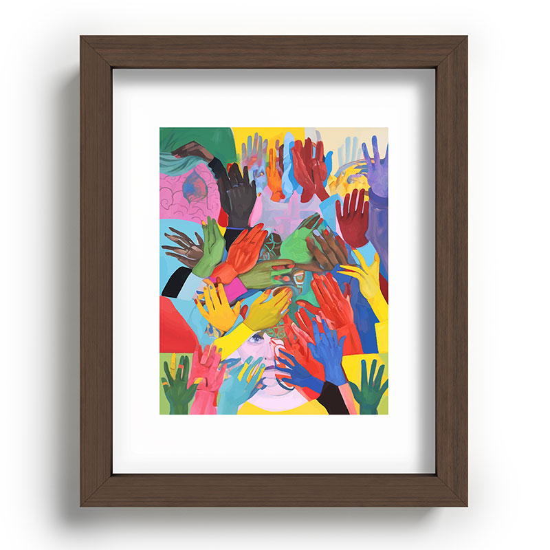 A Hand Is All We Need, Abstract Human Face Community, Humanity People Colorful Concept Positivity Framed Art Print