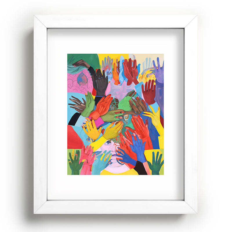 A Hand Is All We Need, Abstract Human Face Community, Humanity People Colorful Concept Positivity Framed Art Print