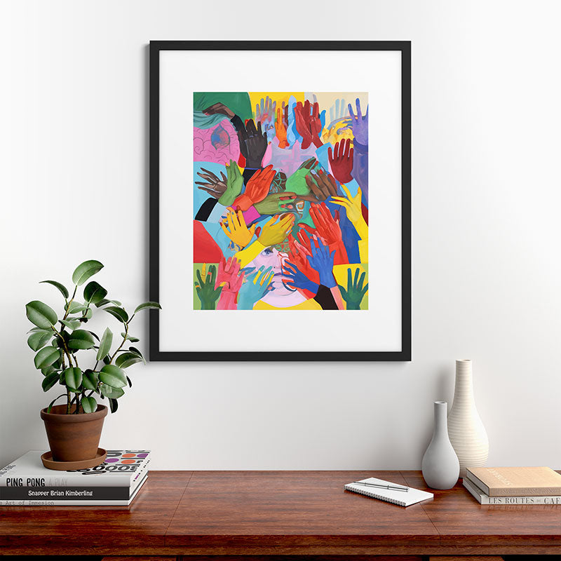 A Hand Is All We Need, Abstract Human Face Community, Humanity People Colorful Concept Positivity Framed Art Print