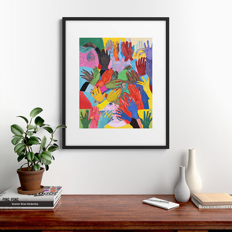 A Hand Is All We Need, Abstract Human Face Community, Humanity People Colorful Concept Positivity Framed Art Print