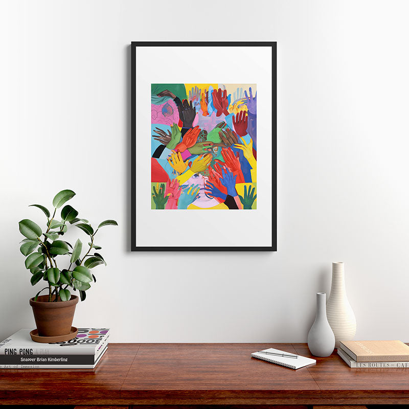 A Hand Is All We Need, Abstract Human Face Community, Humanity People Colorful Concept Positivity Framed Art Print
