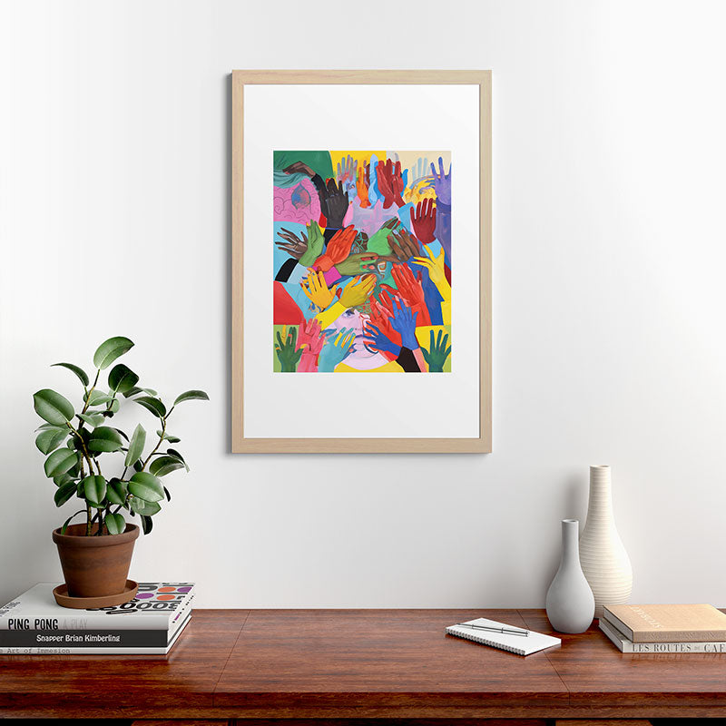 A Hand Is All We Need, Abstract Human Face Community, Humanity People Colorful Concept Positivity Framed Art Print