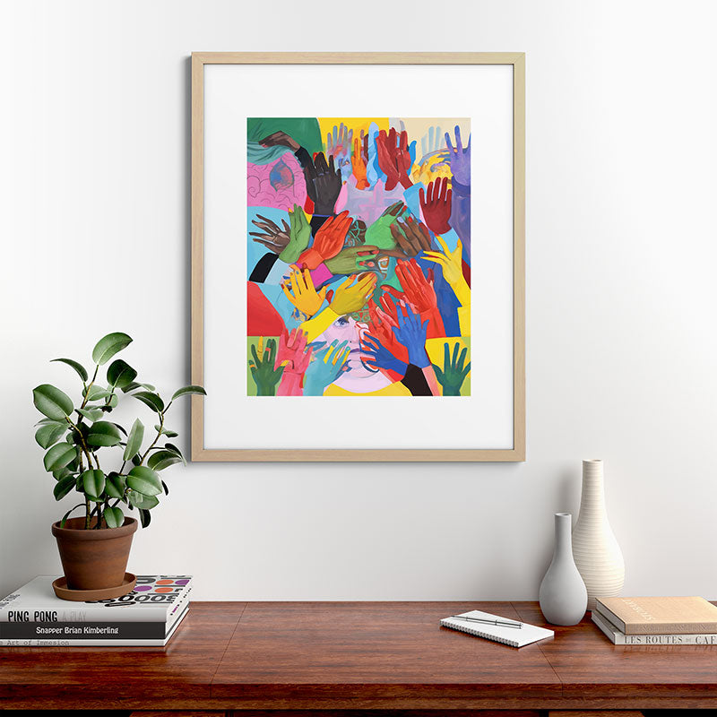 A Hand Is All We Need, Abstract Human Face Community, Humanity People Colorful Concept Positivity Framed Art Print
