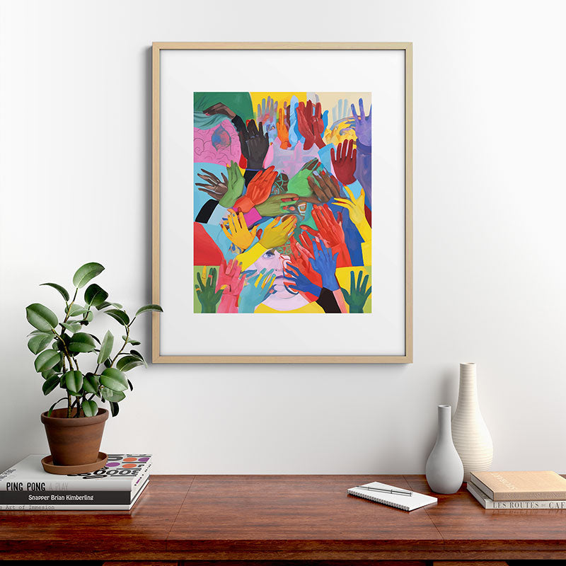 A Hand Is All We Need, Abstract Human Face Community, Humanity People Colorful Concept Positivity Framed Art Print