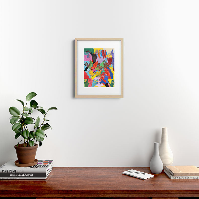 A Hand Is All We Need, Abstract Human Face Community, Humanity People Colorful Concept Positivity Framed Art Print