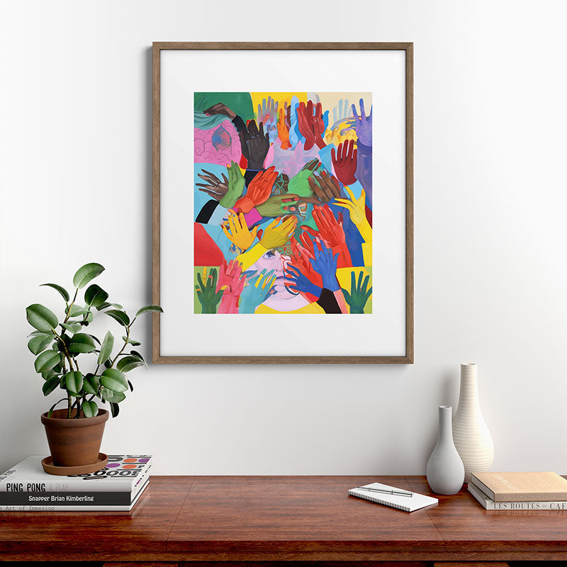 A Hand Is All We Need, Abstract Human Face Community, Humanity People Colorful Concept Positivity Framed Art Print