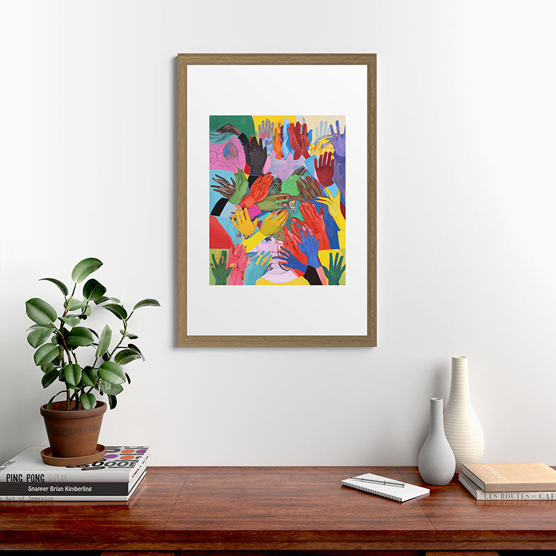 A Hand Is All We Need, Abstract Human Face Community, Humanity People Colorful Concept Positivity Framed Art Print