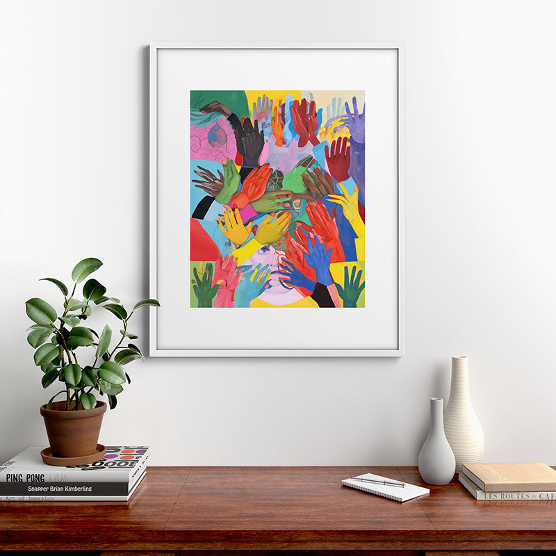A Hand Is All We Need, Abstract Human Face Community, Humanity People Colorful Concept Positivity Framed Art Print