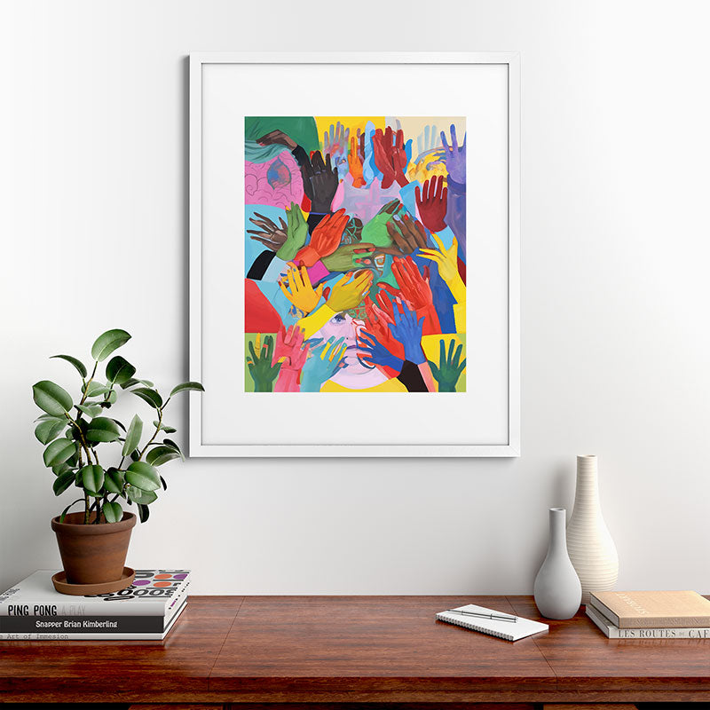 A Hand Is All We Need, Abstract Human Face Community, Humanity People Colorful Concept Positivity Framed Art Print