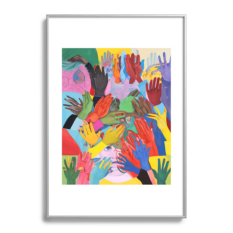 A Hand Is All We Need, Abstract Human Face Community, Humanity People Colorful Concept Positivity Framed Art Print