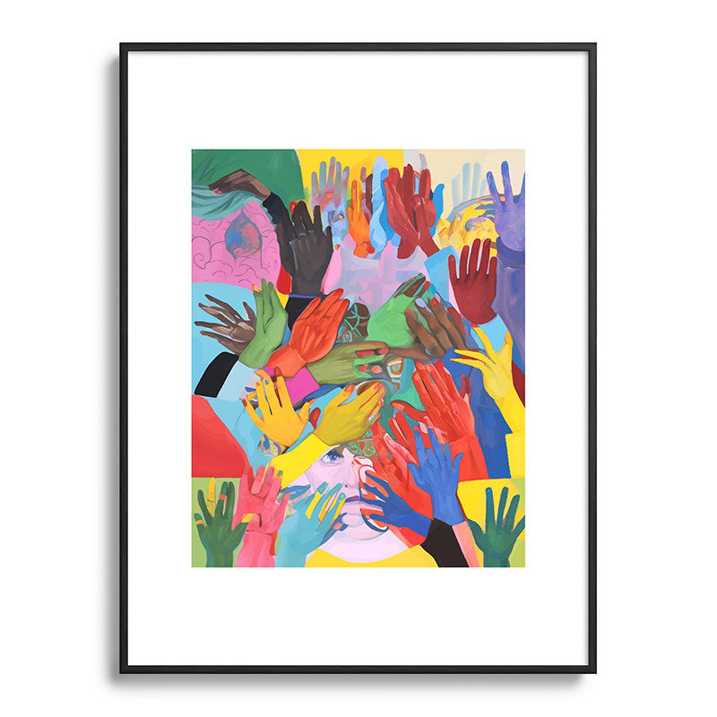 A Hand Is All We Need, Abstract Human Face Community, Humanity People Colorful Concept Positivity Framed Art Print