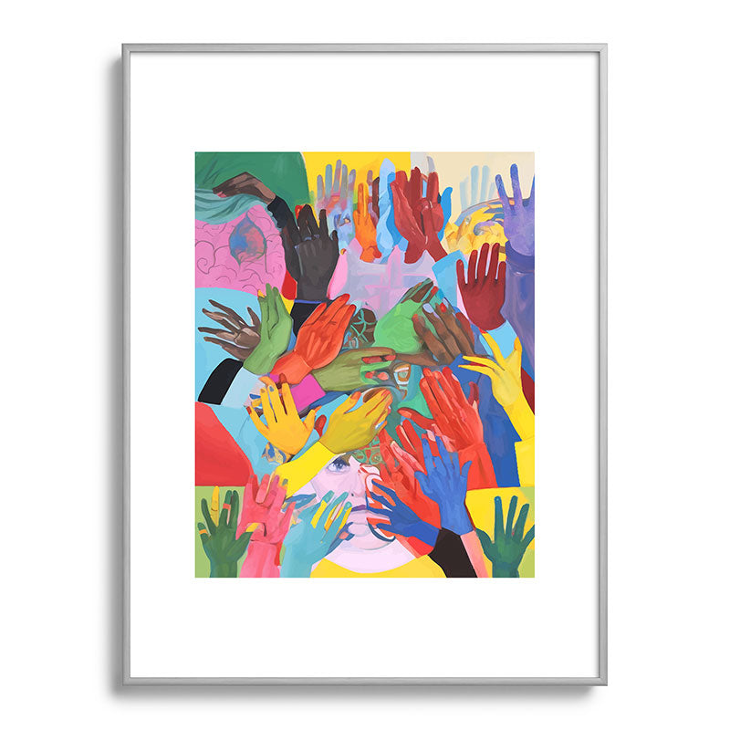 A Hand Is All We Need, Abstract Human Face Community, Humanity People Colorful Concept Positivity Framed Art Print