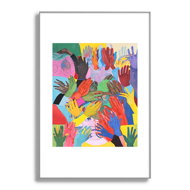 A Hand Is All We Need, Abstract Human Face Community, Humanity People Colorful Concept Positivity Framed Art Print