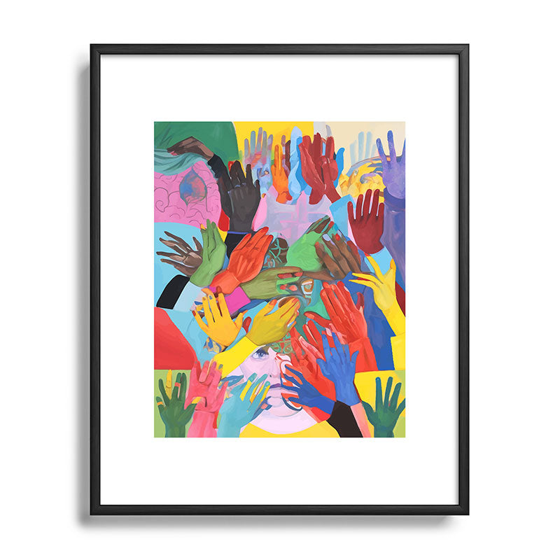 A Hand Is All We Need, Abstract Human Face Community, Humanity People Colorful Concept Positivity Framed Art Print