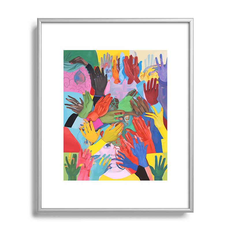 A Hand Is All We Need, Abstract Human Face Community, Humanity People Colorful Concept Positivity Framed Art Print