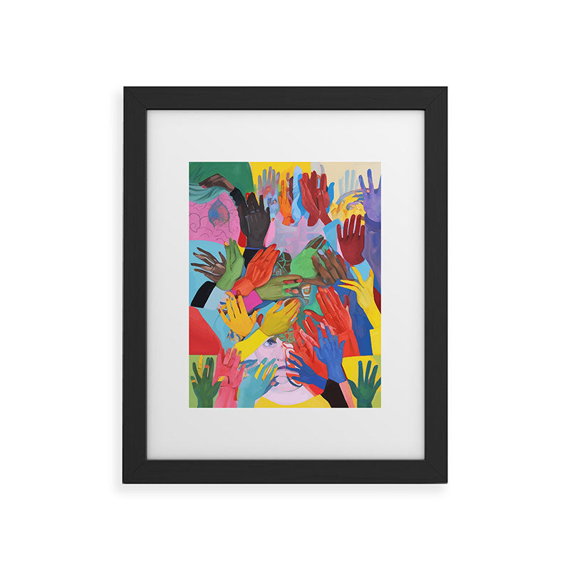 A Hand Is All We Need, Abstract Human Face Community, Humanity People Colorful Concept Positivity Framed Art Print