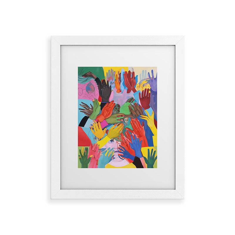 A Hand Is All We Need, Abstract Human Face Community, Humanity People Colorful Concept Positivity Framed Art Print