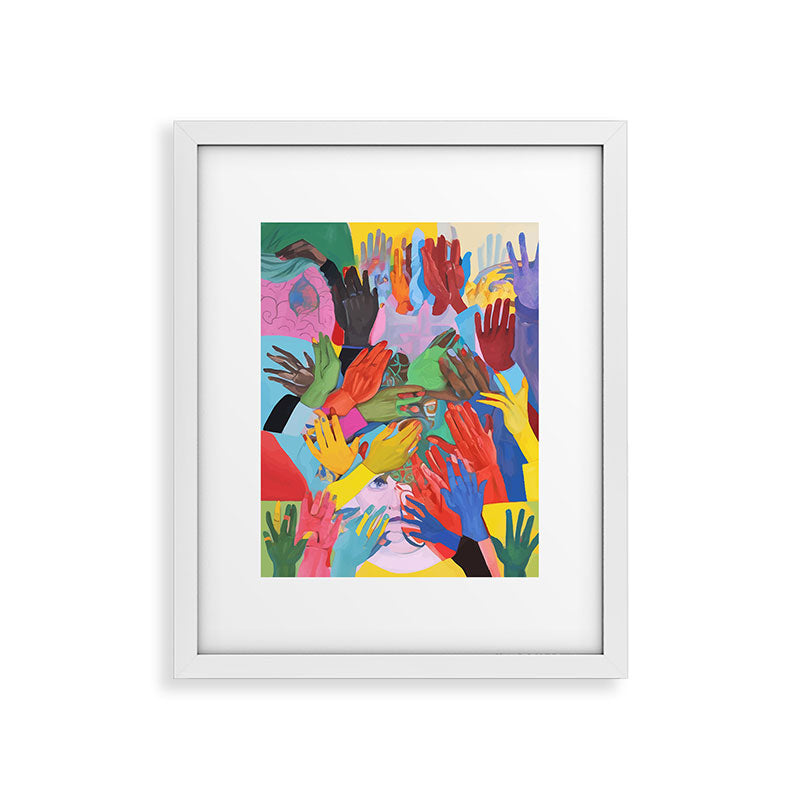 A Hand Is All We Need, Abstract Human Face Community, Humanity People Colorful Concept Positivity Framed Art Print