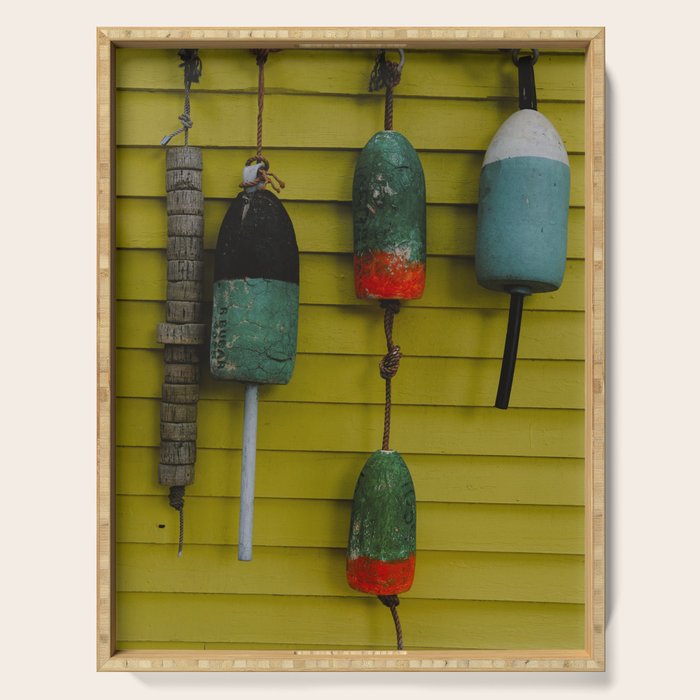 4 lobster buoys - nautical photograph ocean new england maine Serving Tray