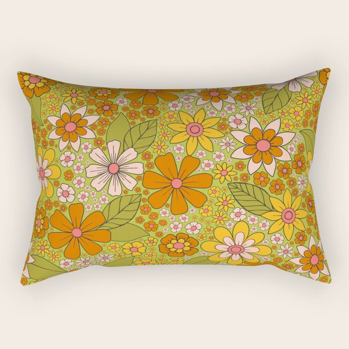1960s, 1970s Retro Floral in Green, Pink & Orange - Flower Power Rectangular Pillow