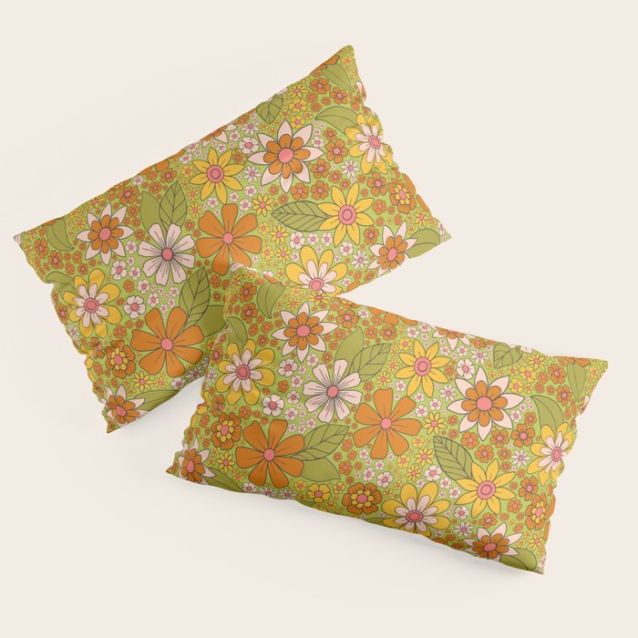 1960s, 1970s Retro Floral in Green, Pink & Orange - Flower Power Pillow Sham