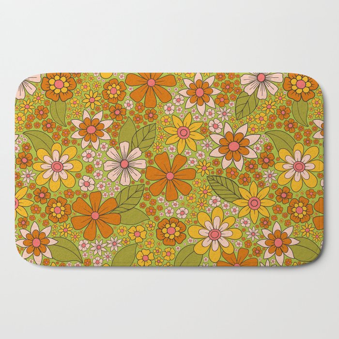 1960s, 1970s Retro Floral in Green, Pink & Orange - Flower Power Bath Mat