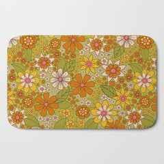 1960s, 1970s Retro Floral in Green, Pink & Orange - Flower Power Bath Mat