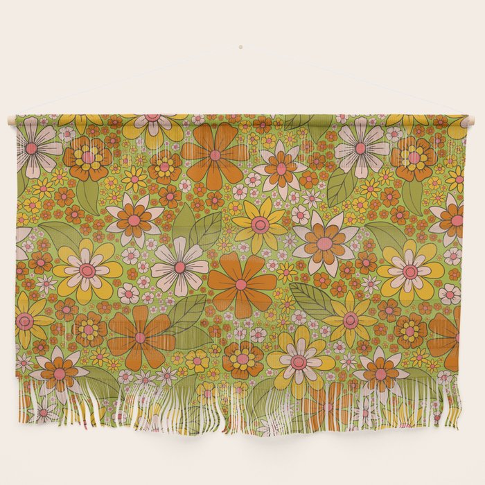 1960s, 1970s Retro Floral in Green, Pink & Orange - Flower Power Wall Hanging