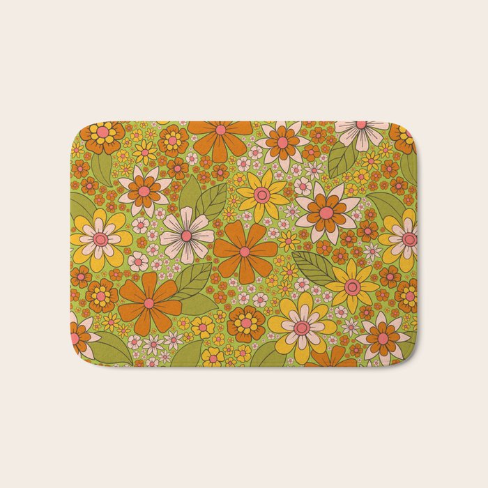 1960s, 1970s Retro Floral in Green, Pink & Orange - Flower Power Bath Mat