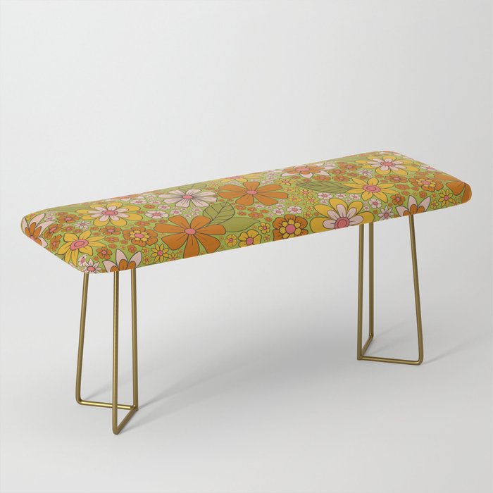 1960s, 1970s Retro Floral in Green, Pink & Orange - Flower Power Bench