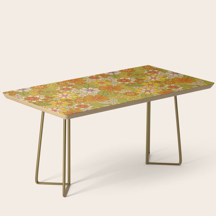 1960s, 1970s Retro Floral in Green, Pink & Orange - Flower Power Coffee Table