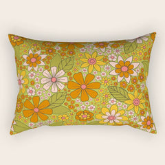 1960s, 1970s Retro Floral in Green, Pink & Orange - Flower Power Rectangular Pillow