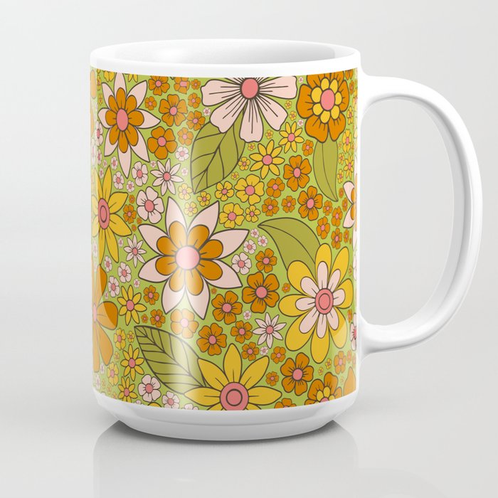 1960s, 1970s Retro Floral in Green, Pink & Orange - Flower Power Coffee Mug