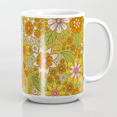 1960s, 1970s Retro Floral in Green, Pink & Orange - Flower Power Coffee Mug