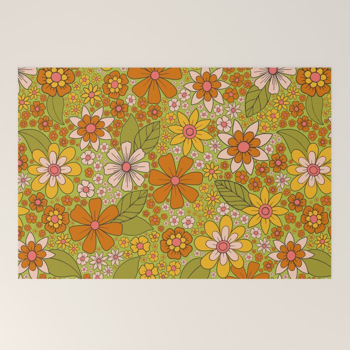 1960s, 1970s Retro Floral in Green, Pink & Orange - Flower Power Welcome Mat
