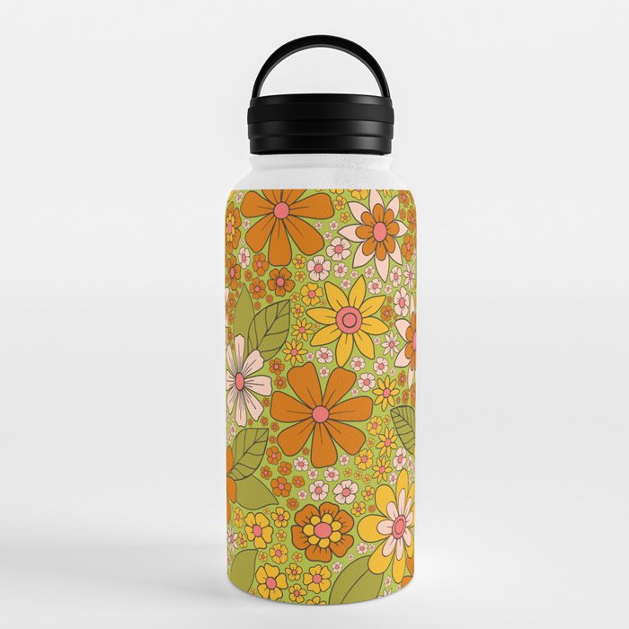 1960s, 1970s Retro Floral in Green, Pink & Orange - Flower Power Water Bottle