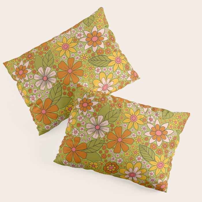 1960s, 1970s Retro Floral in Green, Pink & Orange - Flower Power Pillow Sham