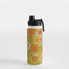 1960s, 1970s Retro Floral in Green, Pink & Orange - Flower Power Water Bottle