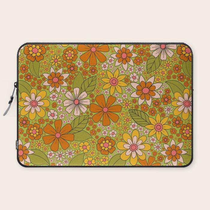 1960s, 1970s Retro Floral in Green, Pink & Orange - Flower Power Laptop Sleeve