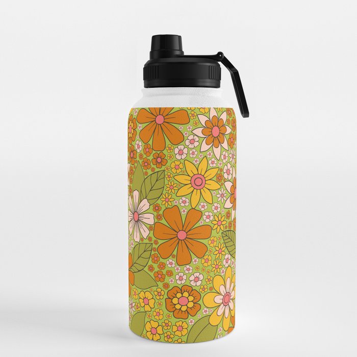 1960s, 1970s Retro Floral in Green, Pink & Orange - Flower Power Water Bottle