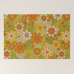 1960s, 1970s Retro Floral in Green, Pink & Orange - Flower Power Welcome Mat