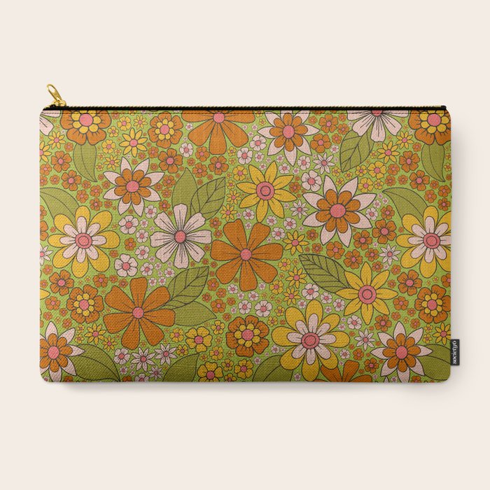 1960s, 1970s Retro Floral in Green, Pink & Orange - Flower Power Carry All Pouch