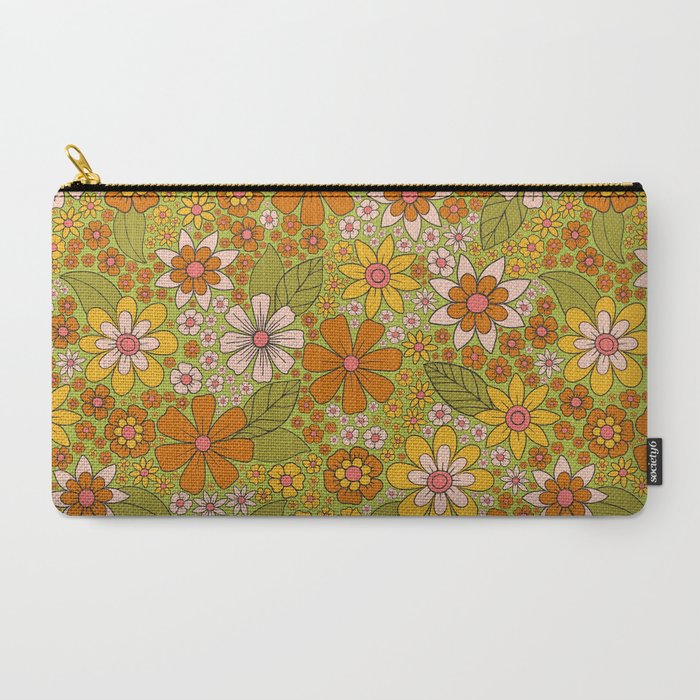 1960s, 1970s Retro Floral in Green, Pink & Orange - Flower Power Carry All Pouch