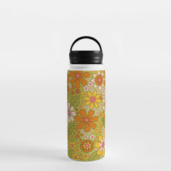 1960s, 1970s Retro Floral in Green, Pink & Orange - Flower Power Water Bottle