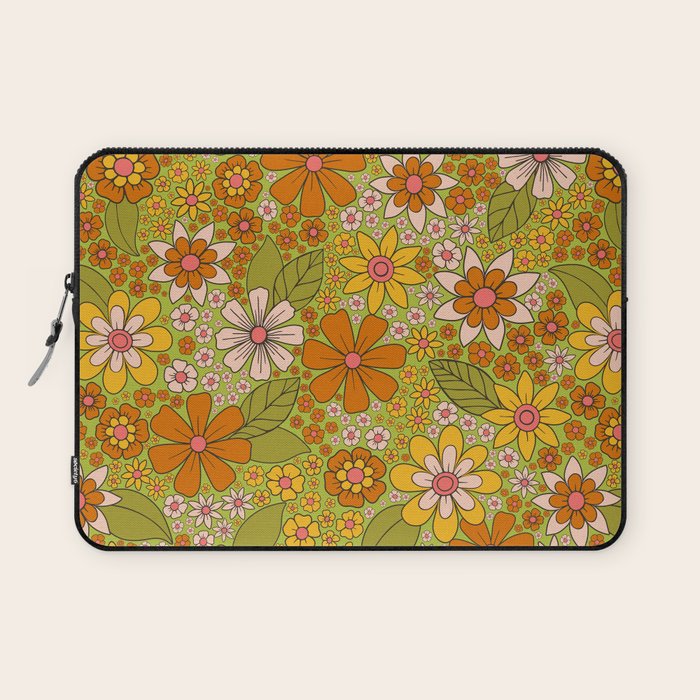 1960s, 1970s Retro Floral in Green, Pink & Orange - Flower Power Laptop Sleeve