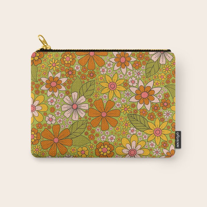 1960s, 1970s Retro Floral in Green, Pink & Orange - Flower Power Carry All Pouch