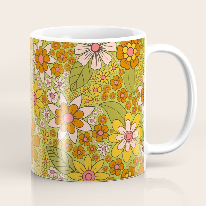 1960s, 1970s Retro Floral in Green, Pink & Orange - Flower Power Coffee Mug