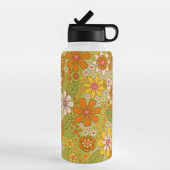 1960s, 1970s Retro Floral in Green, Pink & Orange - Flower Power Water Bottle