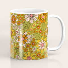 1960s, 1970s Retro Floral in Green, Pink & Orange - Flower Power Coffee Mug